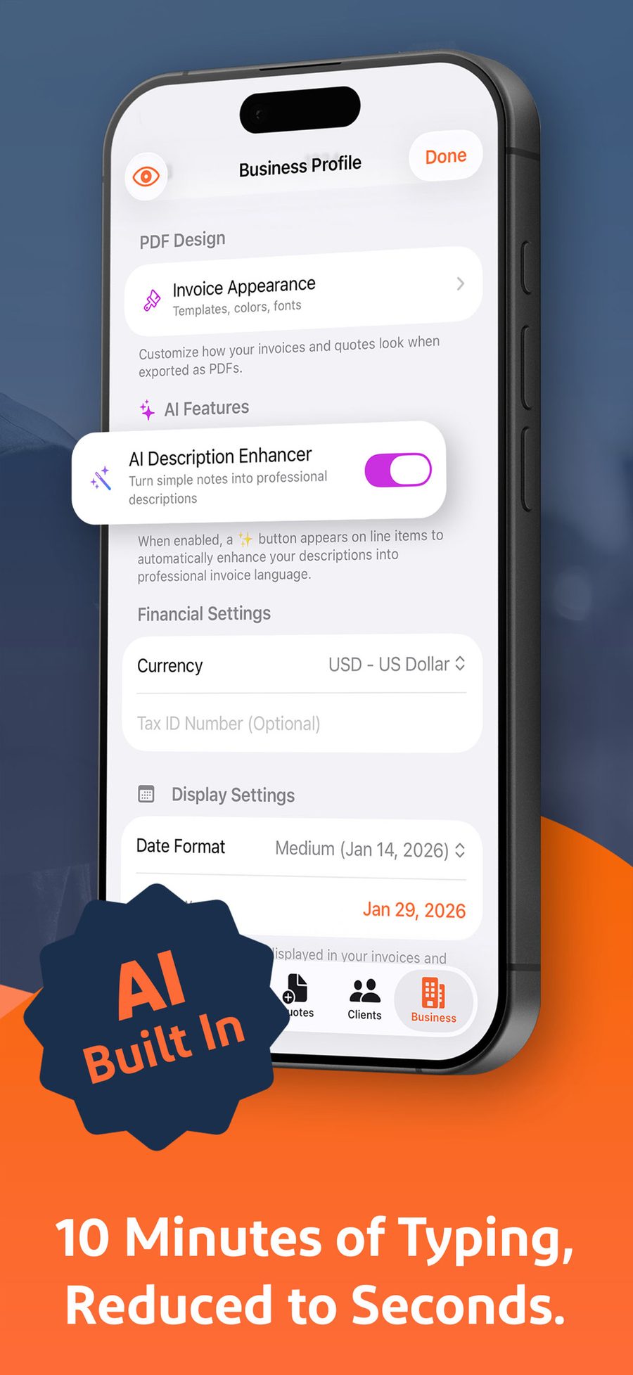 AI turning a contractor's plain-English notes into professional invoice wording